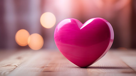 Close up of a hot pink heart on a wooden table. Blurred Backgroundの素材