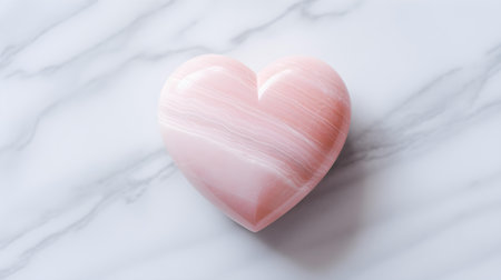 Top view of a light pink heart on a white marble background. Romantic backdrop with copy spaceの素材