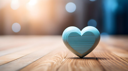 Close up of a light blue heart on a wooden table. Blurred Backgroundの素材