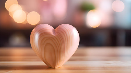 Close up of a light pink heart on a wooden table. Blurred Backgroundの素材