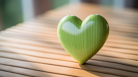 Close up of a light green heart on a wooden table. Blurred Backgroundの素材