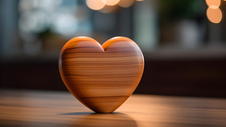 Close up of a light orange heart on a wooden table. Blurred Backgroundの素材