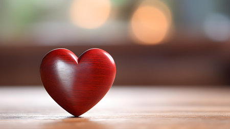 Close up of a red heart on a wooden table. Blurred Backgroundの素材