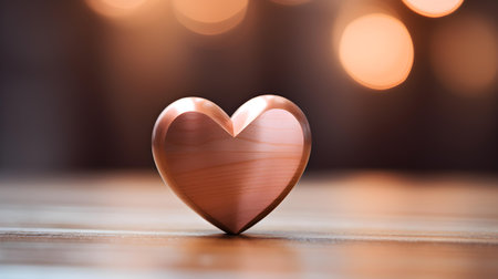 Close up of a rose gold heart on a wooden table. Blurred Backgroundの素材