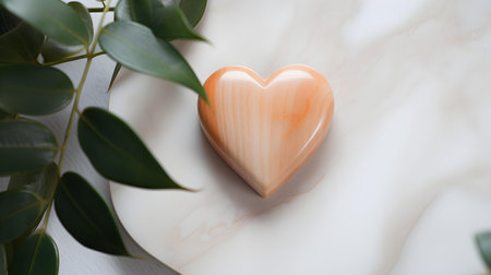 Top view of a light orange heart on a white marble background. Romantic backdrop with copy spaceの素材