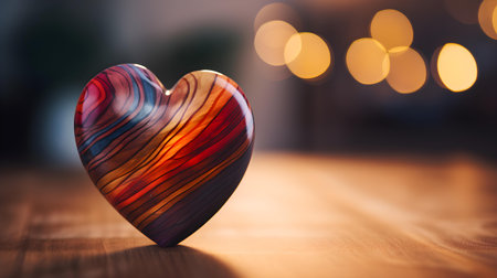 Close up of a multicolor heart on a wooden table. Blurred Backgroundの素材