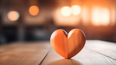 Close up of a light orange heart on a wooden table. Blurred Backgroundの素材