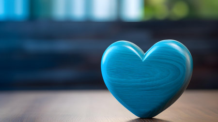 Close up of a sky blue heart on a wooden table. Blurred Backgroundの素材