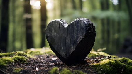 Close up of an anthracite wooden heart in a calm forest. Blurred natural backgroundの素材