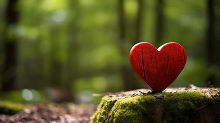 Close up of a dark red wooden heart in a calm forest. Blurred natural backgroundの素材