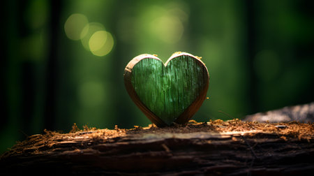Close up of an emerald wooden heart in a calm forest. Blurred natural backgroundの素材