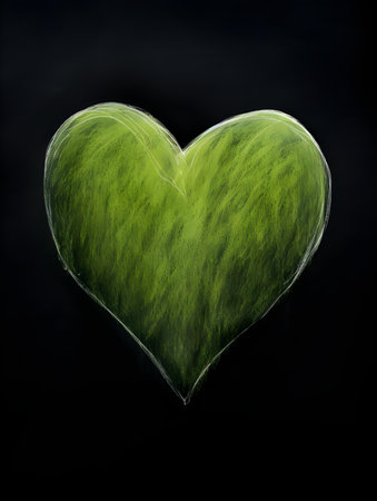 Chalk Drawing of a Heart in light green Colors. Black Background with Copy Spaceの素材