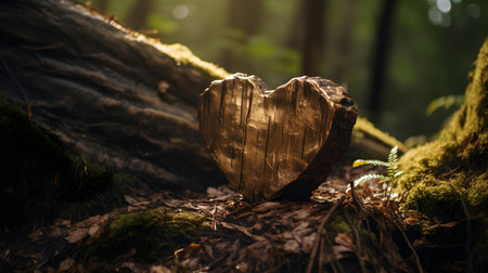 Close up of a dark gold wooden heart in a calm forest. Blurred natural backgroundの素材