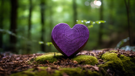 Close up of a dark purple wooden heart in a calm forest. Blurred natural backgroundの素材