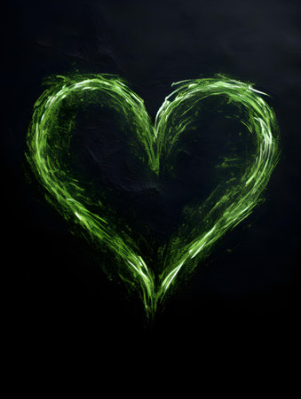 Chalk Drawing of a Heart in green Colors. Black Background with Copy Spaceの素材