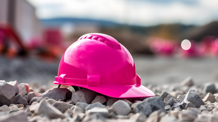 Close up of a hot pink working helmet on gravel. Blurred Construction Site Backgroundの素材