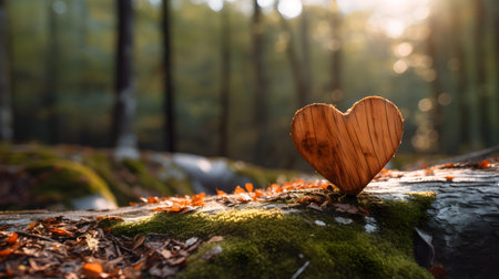 Close up of a light orange wooden heart in a calm forest. Blurred natural backgroundの素材