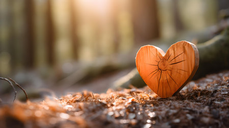 Close up of a light orange wooden heart in a calm forest. Blurred natural backgroundの素材