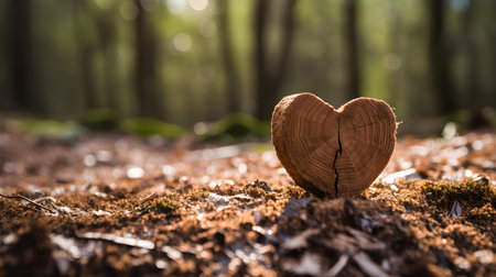 Close up of a light brown wooden heart in a calm forest. Blurred natural backgroundの素材