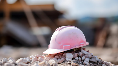 Close up of a light pink working helmet on gravel. Blurred Construction Site Backgroundの素材