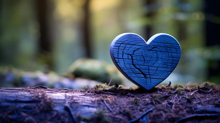 Close up of a navy blue wooden heart in a calm forest. Blurred natural backgroundの素材
