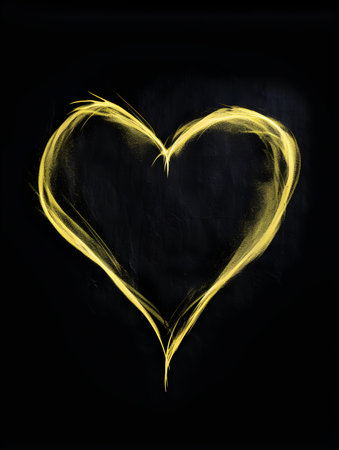 Chalk Drawing of a Heart in light yellow Colors. Black Background with Copy Spaceの素材