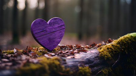 Close up of a purple wooden heart in a calm forest. Blurred natural backgroundの素材