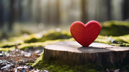 Close up of a red wooden heart in a calm forest. Blurred natural backgroundの素材