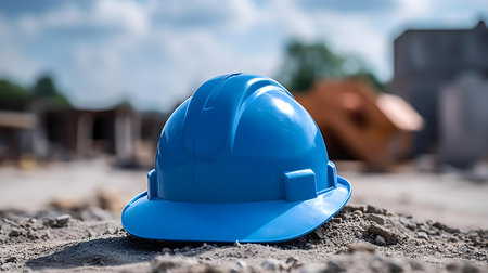 Close up of a sky blue working helmet on gravel. Blurred Construction Site Backgroundの素材