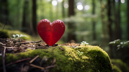 Close up of a ruby wooden heart in a calm forest. Blurred natural backgroundの素材
