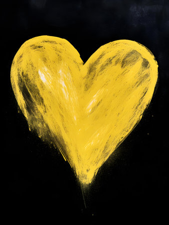 Chalk Drawing of a Heart in yellow Colors. Black Background with Copy Spaceの素材