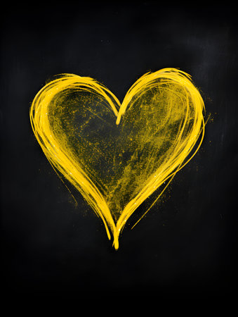 Chalk Drawing of a Heart in yellow Colors. Black Background with Copy Spaceの素材