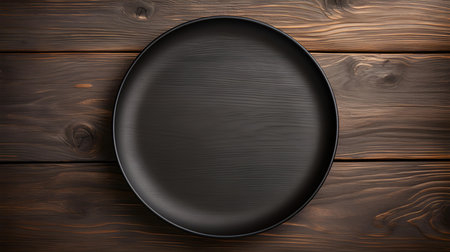 Top view of an empty plate in anthracite colors on a wooden table. Elegant template with copy spaceの素材