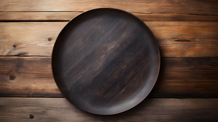 Top view of an empty plate in anthracite colors on a wooden table. Elegant template with copy spaceの素材