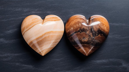 Close up of two beige hearts on a black marble background. Romantic backdrop with copy spaceの素材