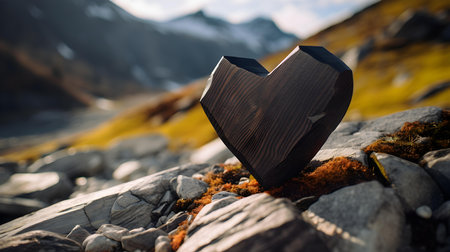 Close up of an anthracite wooden heart in the mountains. Blurred natural backgroundの素材