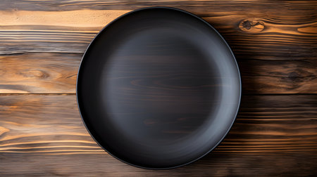 Top view of an empty plate in anthracite colors on a wooden table. Elegant template with copy spaceの素材