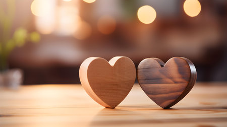 Close up of two beige hearts on a wooden table. Blurred Backgroundの素材