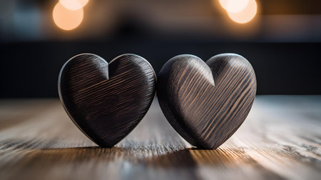 Close up of two anthracite hearts on a wooden table. Blurred Backgroundの素材