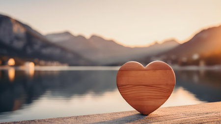 Close up of a beige wooden heart in front of a beautiful lake. Blurred natural backgroundの素材
