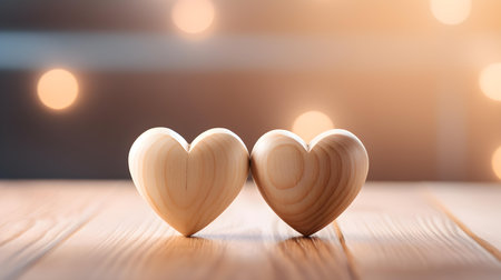 Close up of two beige hearts on a wooden table. Blurred Backgroundの素材