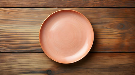 Top view of an empty plate in blush colors on a wooden table. Elegant template with copy spaceの素材