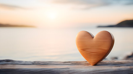 Close up of a beige wooden heart in front of a beautiful seascape. Blurred natural backgroundの素材