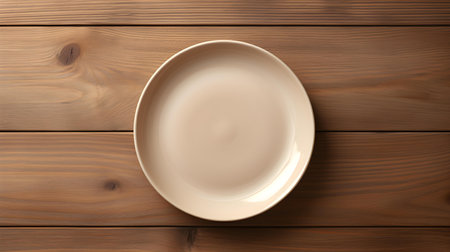 Top view of an empty plate in beige colors on a wooden table. Elegant template with copy spaceの素材