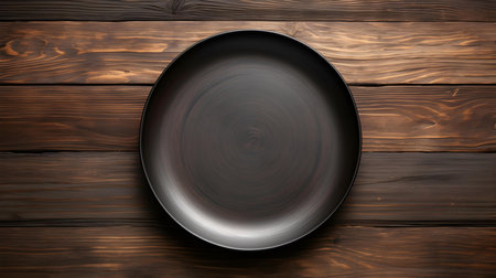 Top view of an empty plate in black colors on a wooden table. Elegant template with copy spaceの素材
