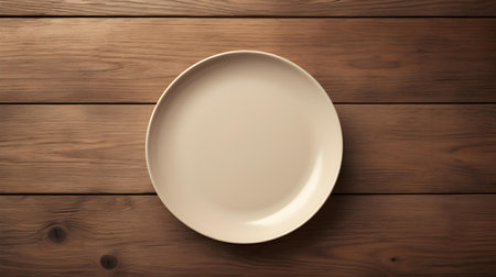 Top view of an empty plate in beige colors on a wooden table. Elegant template with copy spaceの素材