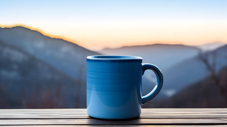 Close up of a blue mug on a wooden table in the mountains. Blurred natural backgroundの素材