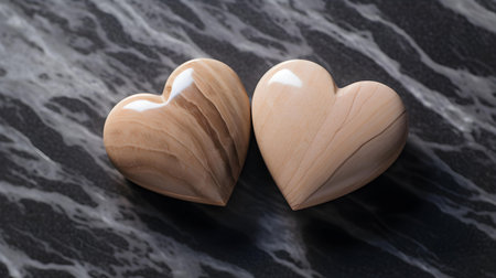 Close up of two beige hearts on a black marble background. Romantic backdrop with copy spaceの素材
