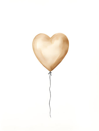 Drawing of a Heart shaped Balloon in beige Watercolors on a white Background. Romantic template with copy spaceの素材
