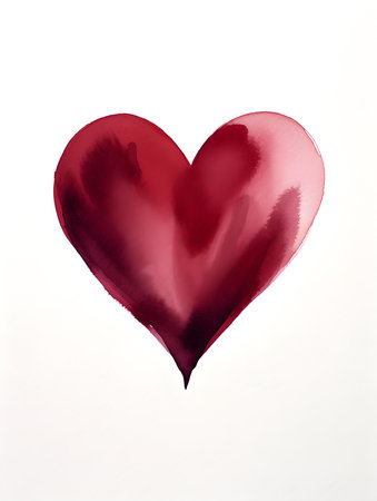 Drawing of a Heart in burgundy watercolors on a white background. Romantic template with copy spaceの素材